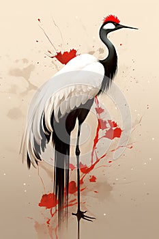 Image of beautiful red crowned crane painting. Bird. Wildlife Animals., Generative AI, Illustration