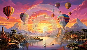 an image of a beautiful sunset with hot air balloons flying in the sky