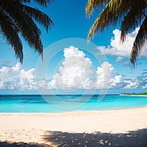 Beautiful tropical beach panoramic view, turquoise sea water, ocean waves, yellow sand, sun in blue sky, white clouds,