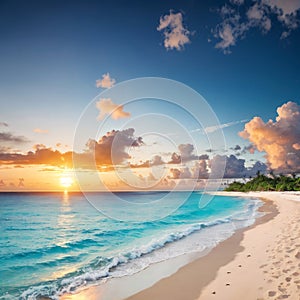 Beautiful tropical beach panoramic view, turquoise sea water, ocean waves, yellow sand, sun in blue sky, white clouds,