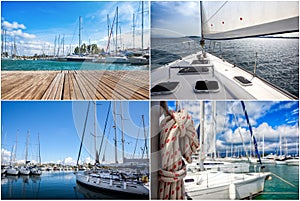 Image of a beautiful yacht in the open sea on sunny day. Collage