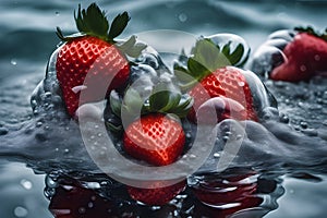 image beautifully blends the tumultuous energy of a stormy sea with the delicate allure of a glass filled with strawberries