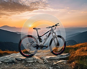 bicycle on mountn top at sunset. photo