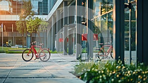 Image of a bike-sharing station set outside a corporate edifice, encouraging eco-friendly and alternate commuting ways