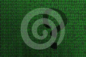 An image of a binary code from bright green digits, through which the form of a question mark is visible