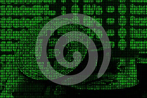 Image of the binary code from bright green digits, through which the image of the physical bitcoin