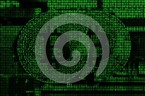 Image of the binary code from bright green digits, through which the image of the physical bitcoin