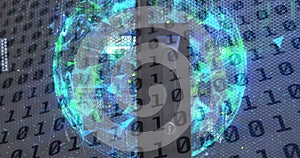 Image of binary code and globe over servers