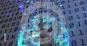 Image of binary code and globe over servers