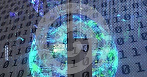 Image of binary code and globe over servers