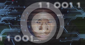 Image of binary code, integrated circuit and face of african american hacker