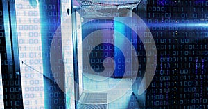 Image of binary code and lights over servers