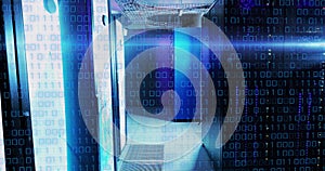 Image of binary code and lights over servers