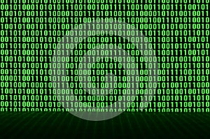 An image of a binary code made up of a set of green digits on a black background