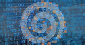 Image of binary code over globe made of icons