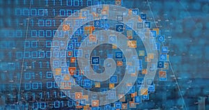 Image of binary code over globe made of icons