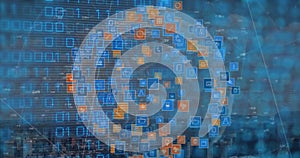 Image of binary code over globe made of icons