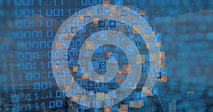 Image of binary code over globe made of icons