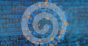 Image of binary code over globe made of icons