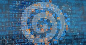 Image of binary code over globe made of icons