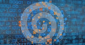 Image of binary code over globe made of icons