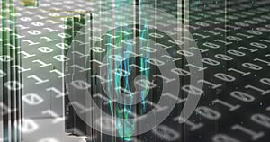 Image of binary code and shapes over servers