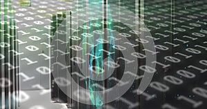 Image of binary code and shapes over servers