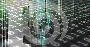 Image of binary code and shapes over servers