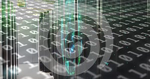 Image of binary code and shapes over servers