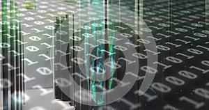 Image of binary code and shapes over servers