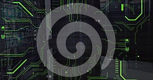 Image of binary codes and circuit board pattern over server room in background