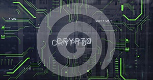 Image of binary codes and crypto text with circuit board pattern over data server systems
