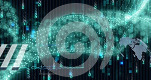Image of binary codes moving in wave patterns over globes and graphs