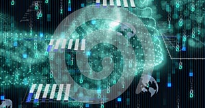 Image of binary codes moving in wave patterns over globes and graphs
