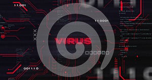 Image of binary codes over virus text in circuit board pattern against computer language