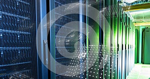 Image of binary coding data processing against computer server room