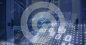 Image of binary coding data processing and circuit board over computer servers