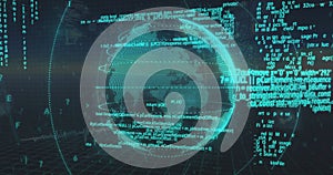Image of binary coding data processing and globe over dark background