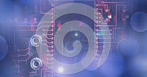 Image of binary coding and data processing on glowing computer circuit board