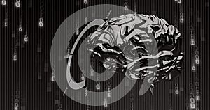 Image of binary coding and data processing with human brain over black background
