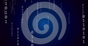 Image of binary coding and data processing over blue background