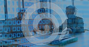 Image of binary coding and data processing over business people working in office