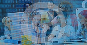 Image of binary coding and data processing over business people working in office