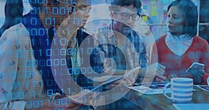 Image of binary coding and data processing over business people working in office