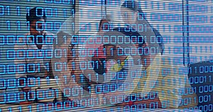 Image of binary coding and data processing over business people working in office
