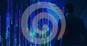Image of binary coding and data processing over businessman by computer servers