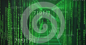 Image of binary coding and data processing over caucasian man by computer servers