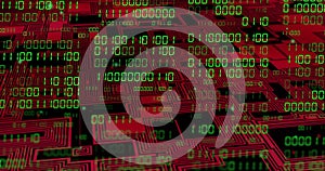 Image of binary coding data processing over circuit board on black background