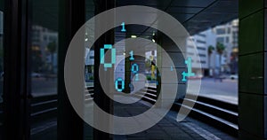 Image of binary coding and data processing over cityscape