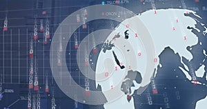 Image of binary coding and data processing over cityscape and globe